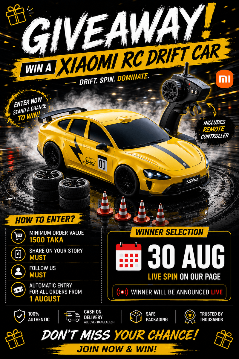 Win a Xiaomi RC Drift Car - NinjaWrecks giveaway. Minimum order 1500 taka, winner announced live on 30 August.